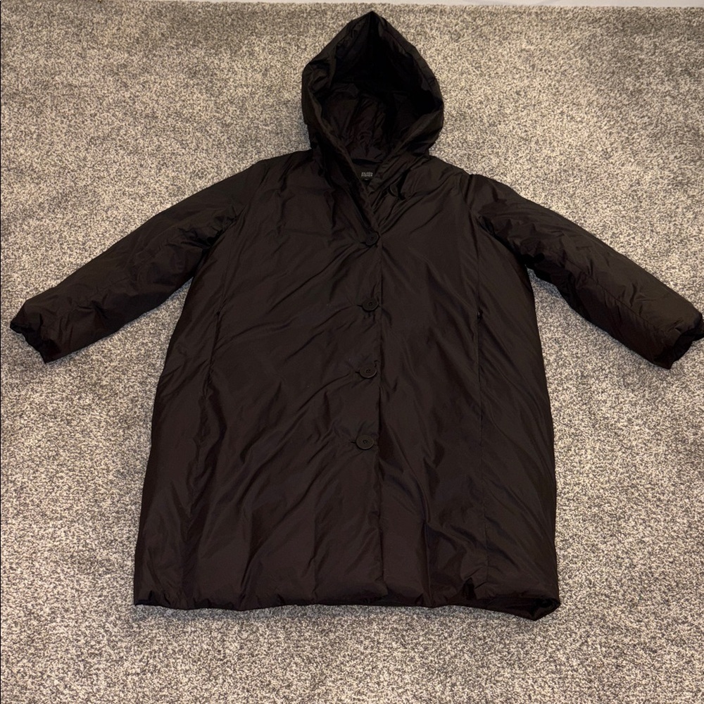 Eileen Fisher Long Black Puffer Coat 80/20 Down Hooded Womens